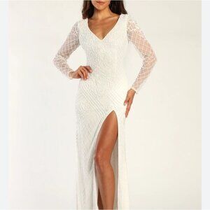 Lulus Season for Romance Wedding Dress XS White Beaded Sequin Glam Bridal Slit